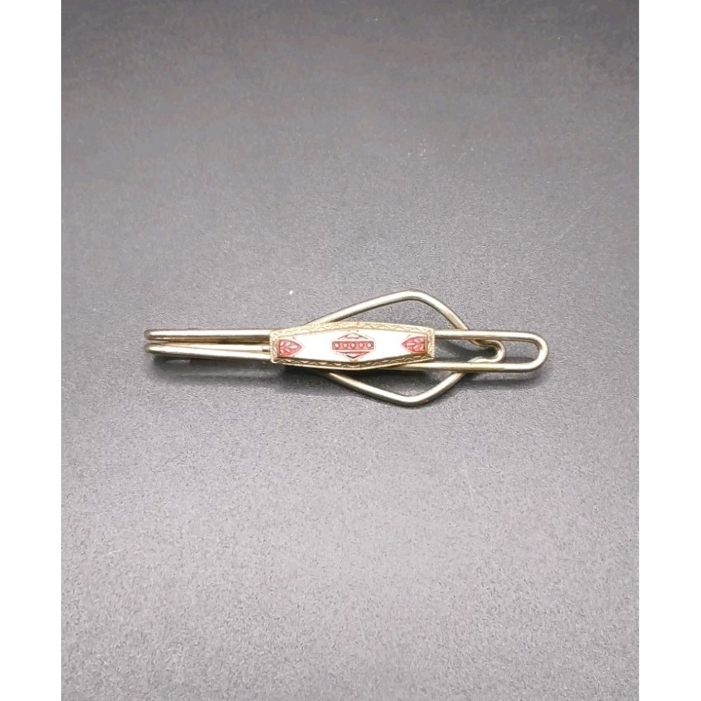 Vintage Art Deco Red White Enamel Tie Clip Bar Silver Tone Geometric Slide On